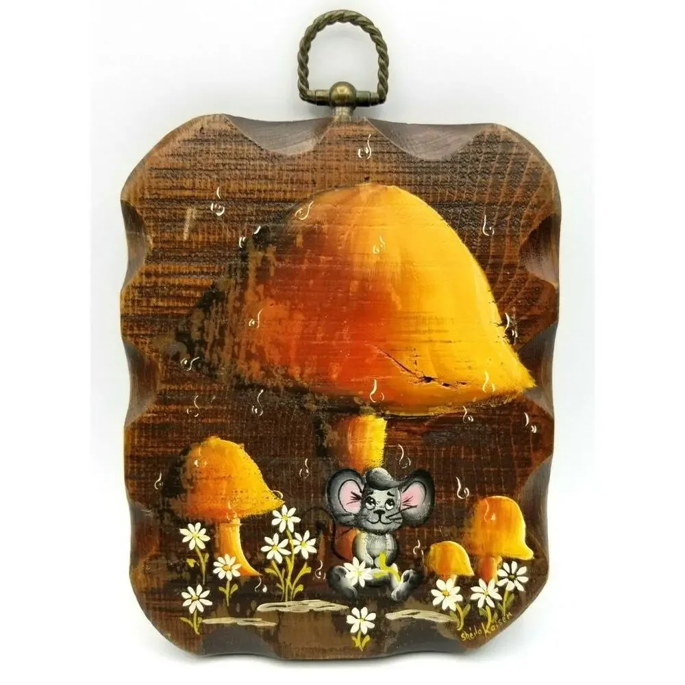 Vintage Mushrooms Mouse Tole Painting Signed by Artist Wall Hanging 7